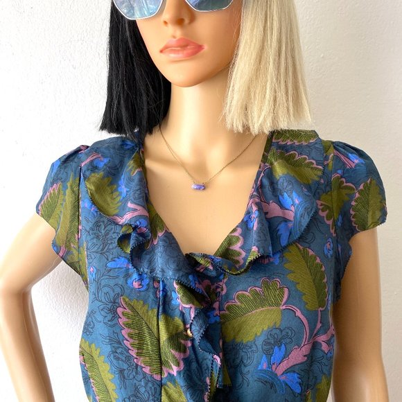 Floral Short Sleeve Summer Blouse | Ruffled Blouse | Frilly Top | ANTHROPOLOGIE - Picture 9 of 11